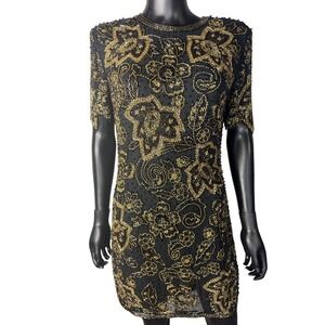 Black Tie Beaded Dress Size 10 Gold Flowers Vintage Cocktail Party‎